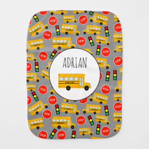 Yellow School Bus Stop Sign Traffic Lights Pattern Baby Burp Cloth