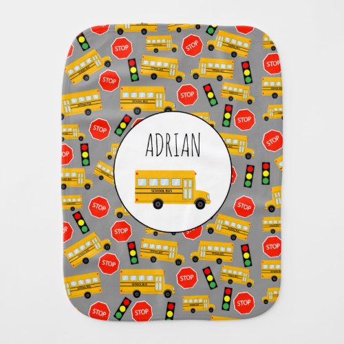 Yellow School Bus Stop Sign Traffic Lights Pattern Baby Burp Cloth