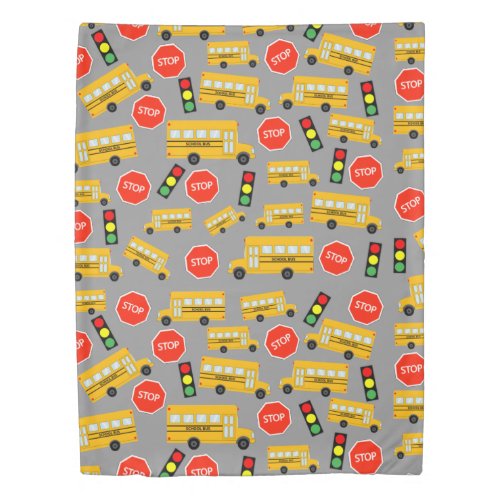 Yellow School Bus Stop Sign Traffic Lights Pattern Duvet Cover