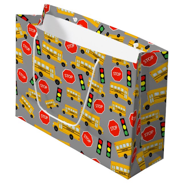Yellow School Bus Stop Sign Traffic Lights Pattern Large Gift Bag (Front Angled)