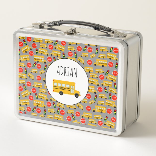 Yellow School Bus Stop Sign Traffic Lights Pattern Metal Lunch Box (Front)