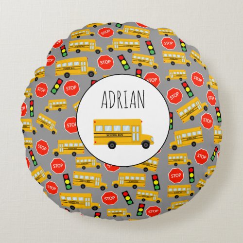 Yellow School Bus Stop Sign Traffic Lights Pattern Round Pillow