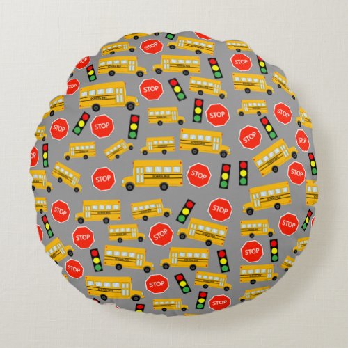 Yellow School Bus Stop Sign Traffic Lights Pattern Round Pillow