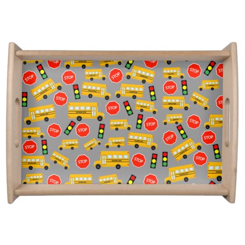 Yellow School Bus Stop Sign Traffic Lights Pattern Serving Tray