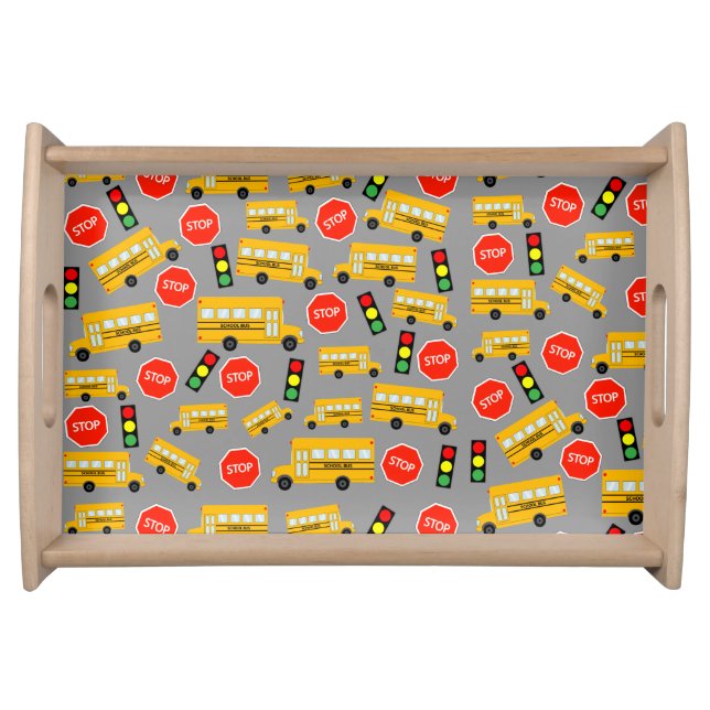 Yellow School Bus Stop Sign Traffic Lights Pattern Serving Tray (Front)