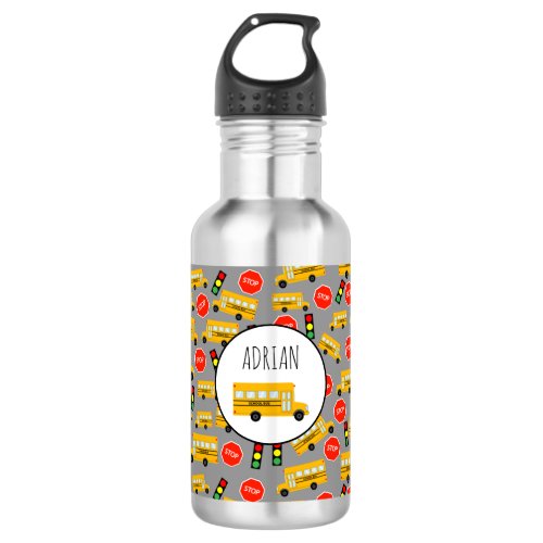 Yellow School Bus Stop Sign Traffic Lights Pattern Stainless Steel Water Bottle