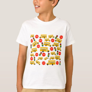 Yellow School Bus Stop Sign Traffic Lights Pattern T-Shirt