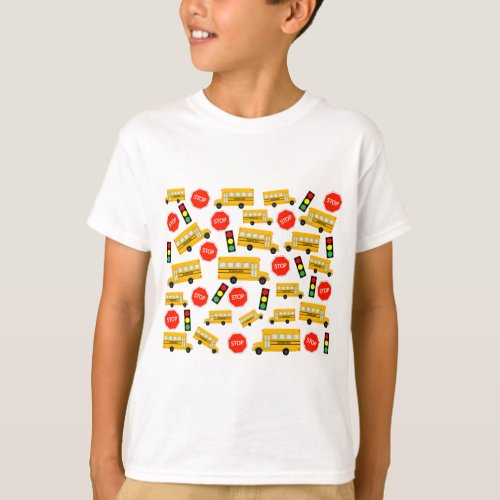 Yellow School Bus Stop Sign Traffic Lights Pattern T_Shirt