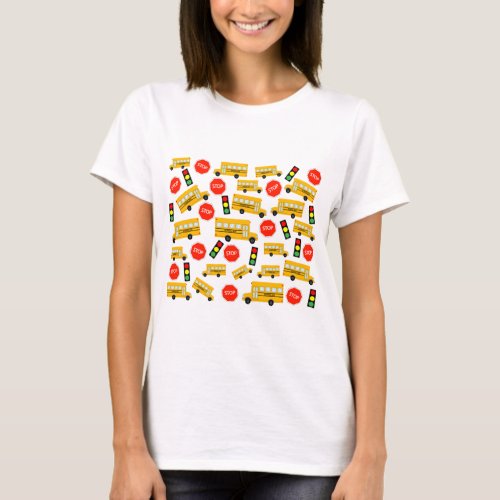 Yellow School Bus Stop Sign Traffic Lights Pattern T_Shirt