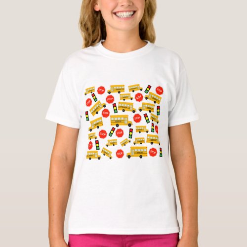 Yellow School Bus Stop Sign Traffic Lights Pattern T_Shirt