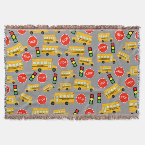 Yellow School Bus Stop Sign Traffic Lights Pattern Throw Blanket