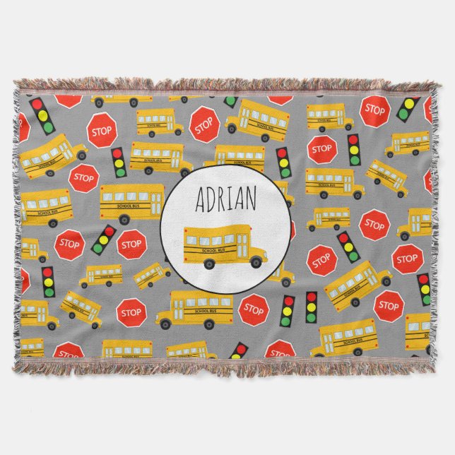 Yellow School Bus Stop Sign Traffic Lights Pattern Throw Blanket (Front)