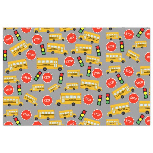 Yellow School Bus Stop Sign Traffic Lights Pattern Tissue Paper