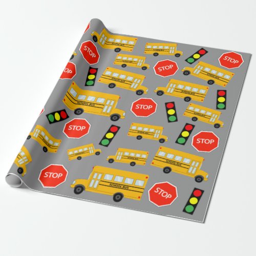 Yellow School Bus Stop Sign Traffic Lights Pattern Wrapping Paper