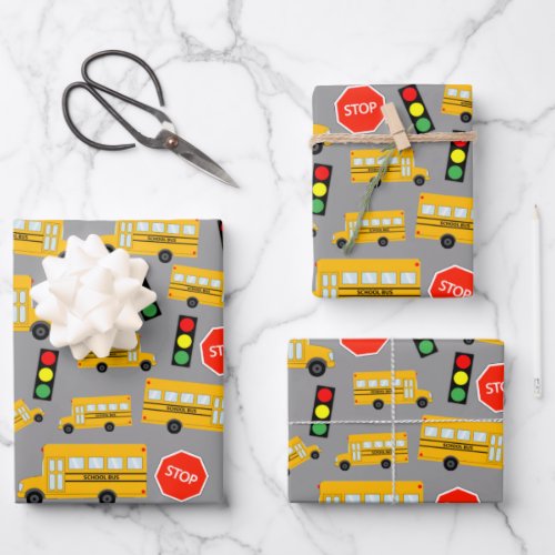 Yellow School Bus Stop Sign Traffic Lights Pattern Wrapping Paper Sheets