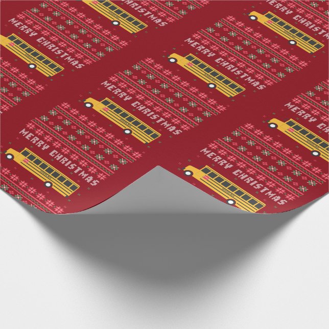 Yellow School Bus Ugly Christmas Sweater Wrapping Paper (Corner)