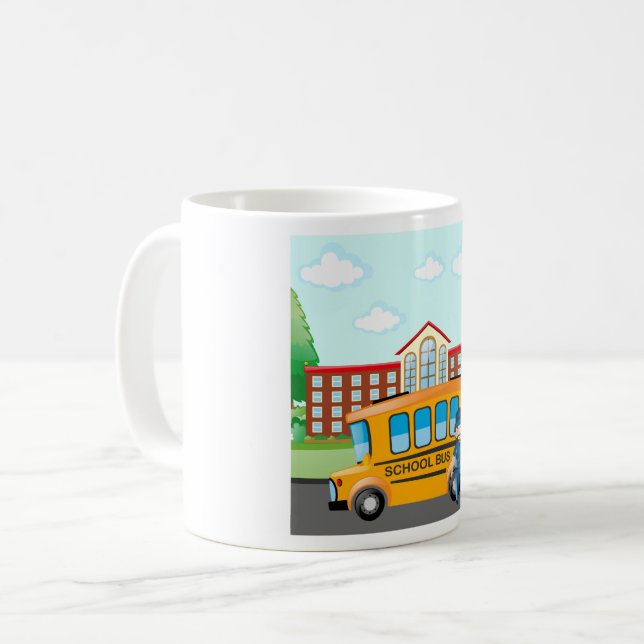 Yellow School Bus with Driver and School Building Coffee Mug (Front Left)