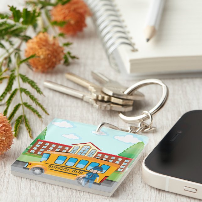 Yellow School Bus with Driver and School Building Keychain (Creator Uploaded)