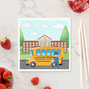 Yellow School Bus with Driver and School Building Napkins