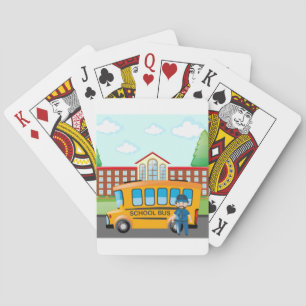 Yellow School Bus with Driver and School Building Poker Cards