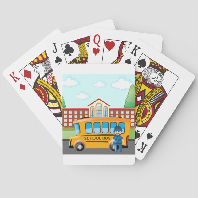 Yellow School Bus with Driver and School Building Poker Cards (Back)