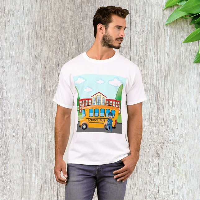 Yellow School Bus with Driver and School Building T-Shirt (Creator Uploaded)