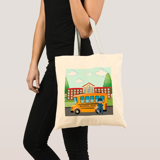 Yellow School Bus with Driver and School Building Tote Bag (Creator Uploaded)