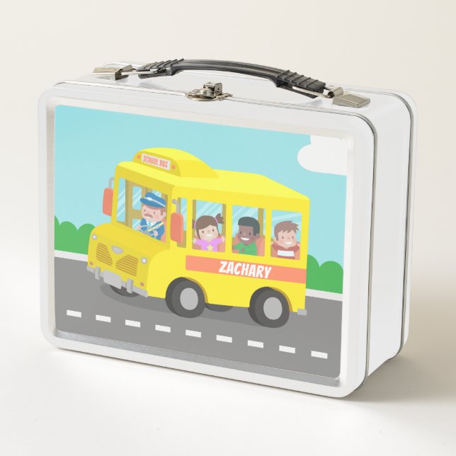 Yellow School Bus With Happy Kids Personalized Metal Lunch Box (Front)