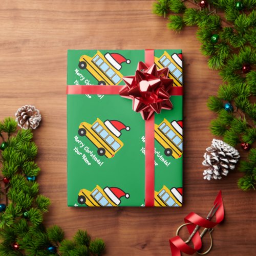 Yellow school bus with Santa hat Christmas Wrapping Paper