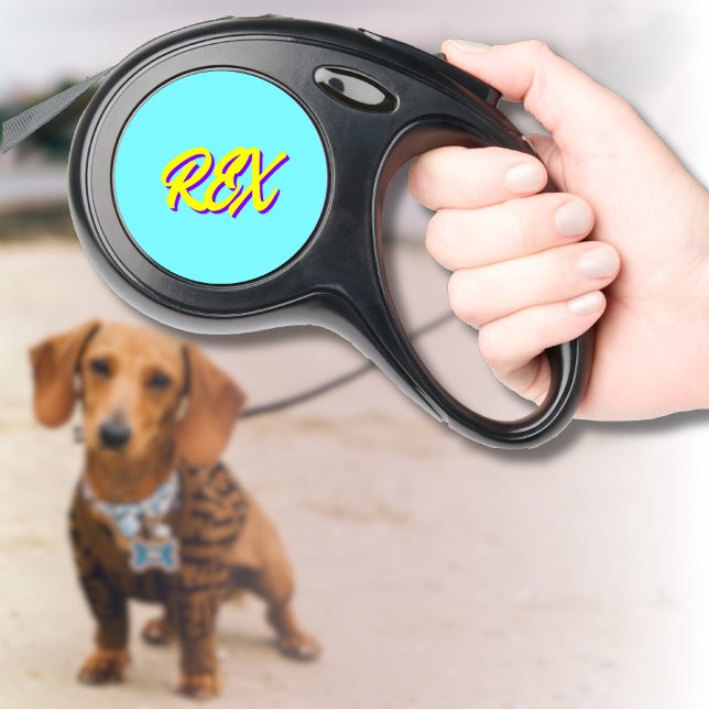 Yellow Script Custom Pet Name Clean Electric Blue Retractable Pet Leash (Creator Uploaded)