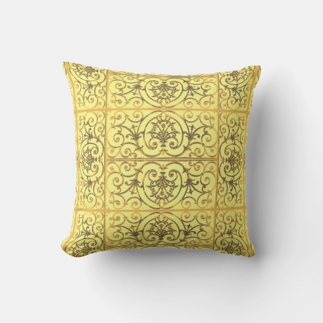 Yellow scrollwork pattern throw pillow (Front)