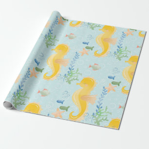 Yellow Seahorse Under Sea Baby Shower Pattern Wrapping Paper