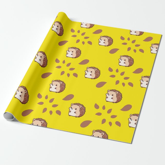 Yellow Seamless Wrapping Paper: Autumn Hedgehogs Paper (Unrolled)
