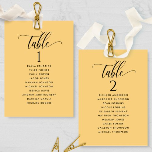 Yellow Seating Plan Cards with Guest Names