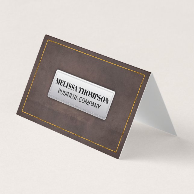 Yellow Seems | Brown Leather Texture Business Card (Front)