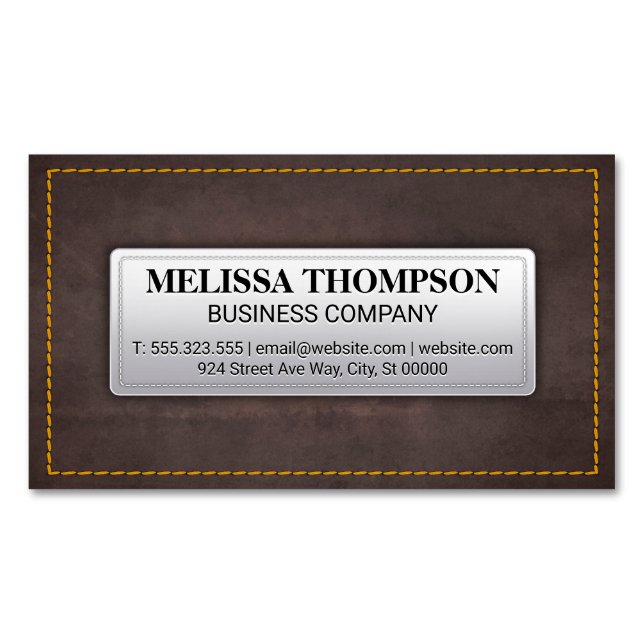Yellow Seems | Brown Leather Texture Business Card Magnet (Front)