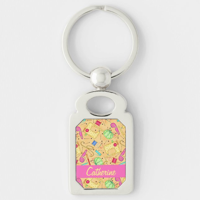 Yellow Sewing Notions Art Name Personalizd Keychain (Front)