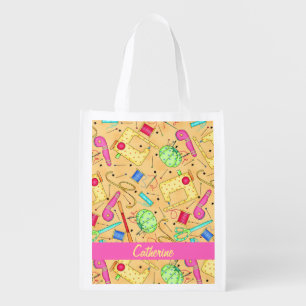 Yellow Sewing Notions Art Name Personalizd Reusable Grocery Bag