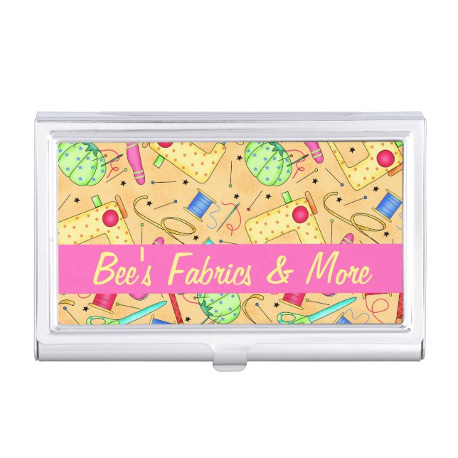 Yellow Sewing Notions Art Name Personalized Business Card Holder (Front)
