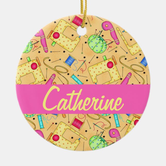 Yellow Sewing Notions Art Name Personalized Ceramic Ornament (Front)