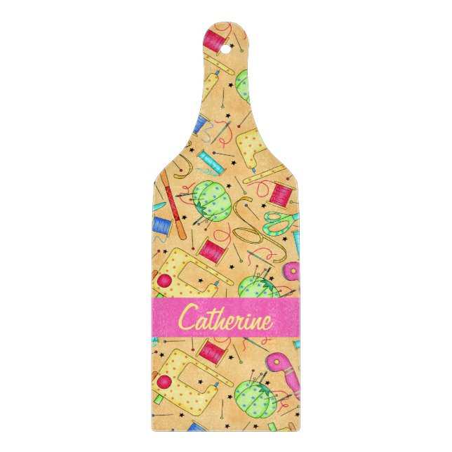 Yellow Sewing Notions Art Name Personalized Cutting Board (Front)