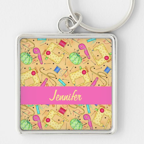 Yellow Sewing Notions Art Name Personalized Keychain