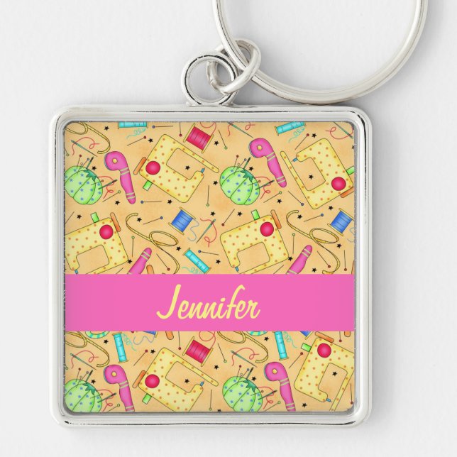 Yellow Sewing Notions Art Name Personalized Keychain (Front)