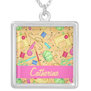 Yellow Sewing Notions Art Name Personalized Silver Plated Necklace