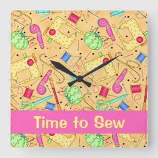 Yellow Sewing Notions Art Time to Sew Name Custom Square Wall Clock