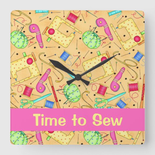 Yellow Sewing Notions Art Time to Sew Name Custom Square Wall Clock