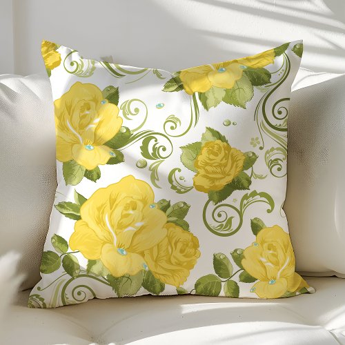 Yellow Shabby Chic Roses Floral Throw Pillow