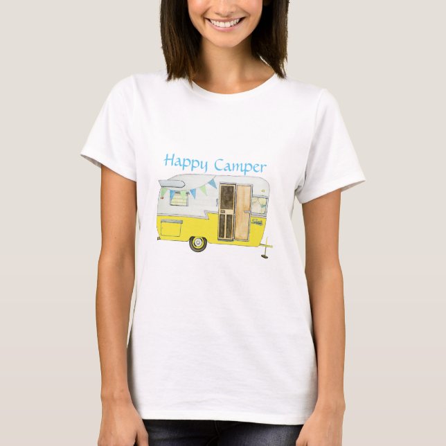 Yellow Shasta Camping Trailer Woman's Tee Shirt (Front)