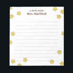 Yellow Shining Stars Lined A Note From Teacher<br><div class="desc">White A note from School Teacher notepad personalized with the teacher's name in brown against a white background and lots of shiny, round stars. Gold star themed teacher's notepad with lines and the teacher's name. Personalized teacher's notepad with stars in yellow against a white background. Give your students notes on...</div>