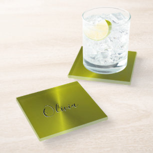 Yellow shiny faux metal  glass coaster